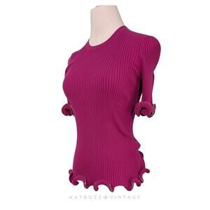 Alexander Wang Sweater Top M Pink Zipper Ruffle Ribbed Knit Short Sleeve Glam